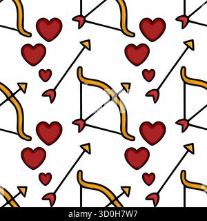 Seamless vector pattern featuring cupid's bow and arrow alongside various sizes of deep red hearts on a clean white background, perfect for Valentine' Stock Vector