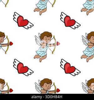 A charming vector seamless pattern featuring playful cupids with bows and arrows, alongside stylized red hearts with wings, set against a clean white Stock Vector