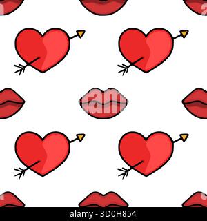 Seamless vector pattern of red hearts pierced by Cupid's arrows and stylized red lips on a white background. Stock Vector
