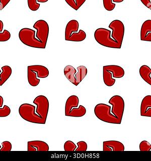 Seamless vector pattern of bright red broken hearts with thick black outlines on a white background, symbolizing heartbreak and loss. Stock Vector
