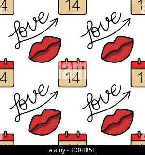 Seamless vector pattern featuring hand-drawn "love" text with an arrow and red lips, alongside calendar icons marking the 14th, evoking Valentine's Da Stock Vector