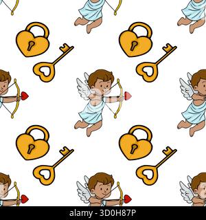 Adorable vector pattern featuring a charming cupid aiming his bow and arrow, surrounded by golden heart-shaped locks and keys, perfect for Valentine's Stock Vector