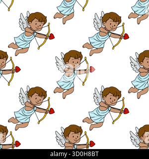 Charming vector pattern featuring playful cupids with bows and heart arrows, set against a clean white background, evoking a whimsical and romantic Va Stock Vector
