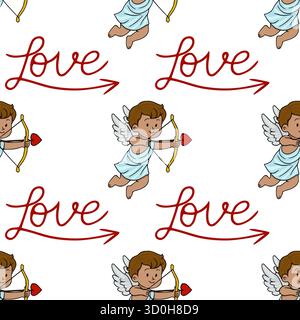 Charming vector seamless pattern featuring playful cupids with bows and arrows, alongside flowing "love" script and directional arrows, perfect for Va Stock Vector