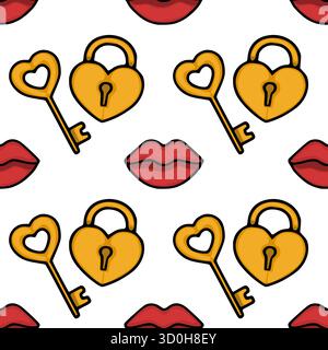 Seamless vector pattern featuring golden heart-shaped locks with keys and red lips, symbolizing love and affection. Stock Vector