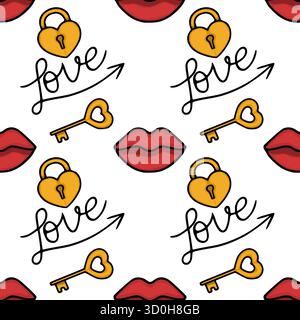 Seamless vector pattern featuring stylized heart-shaped locks, keys, and red lips, with the word "love" flowing across the design. Stock Vector