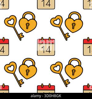 Seamless vector pattern of heart-shaped locks and keys with calendar icons marking the 14th, celebrating Valentine's Day with a warm, golden and red c Stock Vector