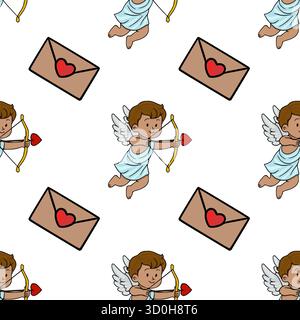 A charming vector pattern featuring playful cupids with bows and arrows aiming at love letters adorned with hearts, perfect for Valentine's Day themes Stock Vector