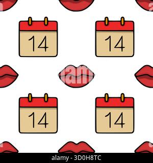 Seamless vector pattern featuring red lips and calendars marked with the number 14, perfect for Valentine's Day themes. Stock Vector