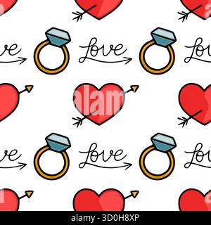 A charming vector seamless pattern featuring red hearts pierced by Cupid's arrows, sparkling diamond rings, and the word "love" rendered in elegant sc Stock Vector
