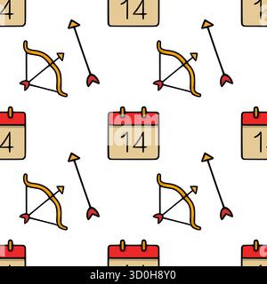 Seamless vector pattern featuring Cupid's bow and arrow with calendar icons marking the 14th, perfect for Valentine's Day themes. Stock Vector