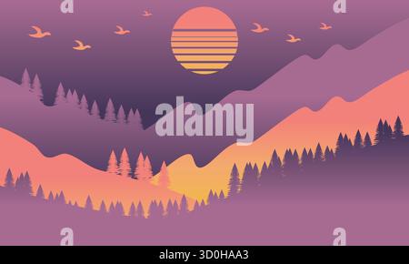 Peaceful sunset landscape illustration with glowing sun, tranquil mountains, orange sky, and calm atmosphere. Perfect for posters, wallpapers, travel Stock Vector