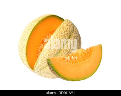 Orange cantaloupe melon with slice isolated on white background. Stock Photo
