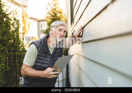 inspector or engineer is checking the building structure and house. After the renovate is complete Stock Photo