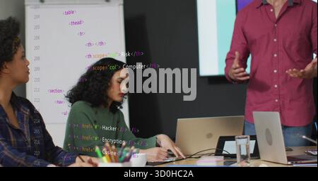 Collaborating colleagues discussing HTML code on whiteboard in meeting room, using laptops and pens Stock Photo