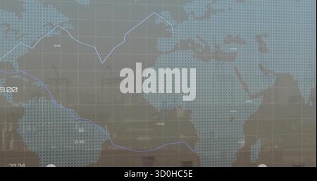 Displaying global map overlay with grid lines and trend lines over seaport, featuring gantry cranes Stock Photo