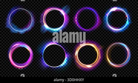 Magic shine. Light portal ring effect. 3D neon fiber glow sphere. Galaxy gradient lightning. Space optical circle plasma frame. Illuminated vortex sparks. Vector luminous futuristic round borders set Stock Vector