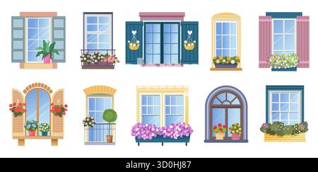 Balcony window. Wooden vintage arch, flowers on old house. Close, open shutters city view, french frame with plants, architectural residential elements. Vector cartoon flat style isolated illustration Stock Vector