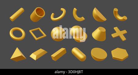 3d gold figures. Golden sphere object, geometry metal triangle, ring and pyramid render elements or abstract volumetric geometric orb ball. CGI gradient cone and cross. Vector minimal isolated set Stock Vector