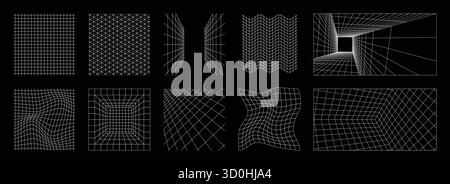 3d grid. Isometric line space. Futuristic wire pattern or mesh point shape. Cyberpunk vanishing net elements. Y2k wireframe texture. Checkered surface. Distorted vortex. Vector cyber backgrounds set Stock Vector