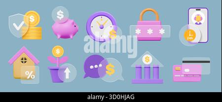 Glass morphism icons. 3D bank calendar. Digital location or finance UI elements. Realistic neon style. Business technology. Banking application logo. Blur shape. Vector glassmorphism web symbols set Stock Vector