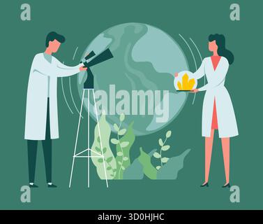 Lab scientists. People conduct science experiment. Biology and geology research. Man looking at Earth planet through telescope. World environment study. Woman with geological minerals. Vector concept Stock Vector