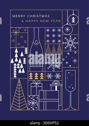Christmas cards in minimalist geometric line style. Colorful illustration in flat vector cartoon style. Xmas and new year backgrounds. 2026 Stock Vector