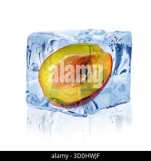 Half of plum inside ice cube isolated on white Stock Photo