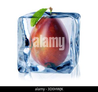 Fresh plum inside ice cube isolated on white Stock Photo