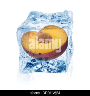 Half of plum inside ice cube isolated on white Stock Photo