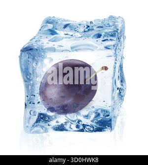 Fresh plum inside ice cube isolated on white Stock Photo