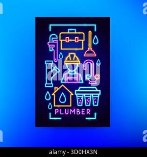 Plumbing Service Neon Flyer Stock Vector