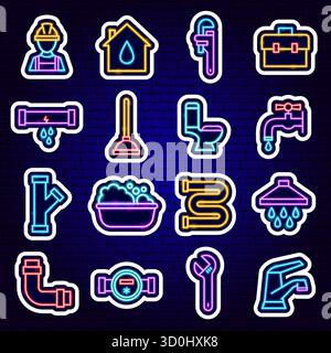 Plumbing Neon Stickers Stock Vector