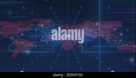 Displaying map in dashboard interface, showing data nodes, hotspot circles and frames Stock Photo