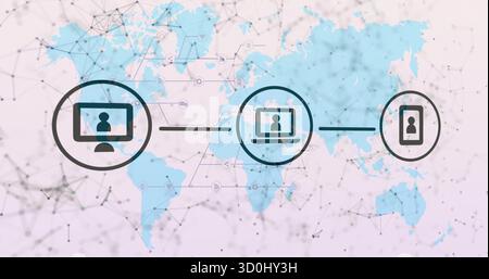 Connecting desktop monitor laptop smartphone icons with network lines and symbols over world map Stock Photo