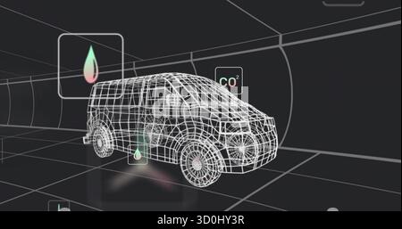 Displaying wireframe van model within virtual curved tunnel, with droplet icon and CO2 label Stock Photo
