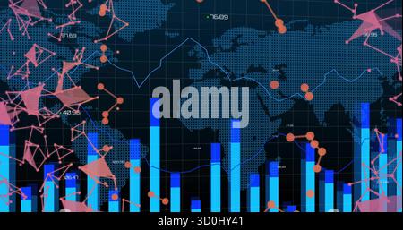 Displaying dashboard screen showing map dots, gridlines, blue bars, line graph, pink mesh nodes Stock Photo