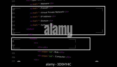 Displaying highlighted HTML select menu and table headers in dark-theme editor, with number gutter Stock Photo