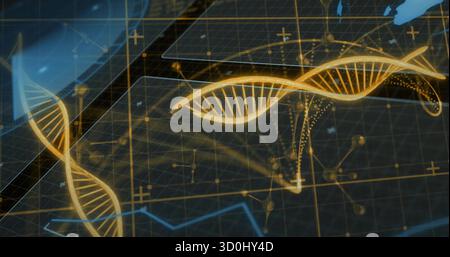 Displaying glowing DNA helices floating above grid interface, showing data lines and axis markers Stock Photo