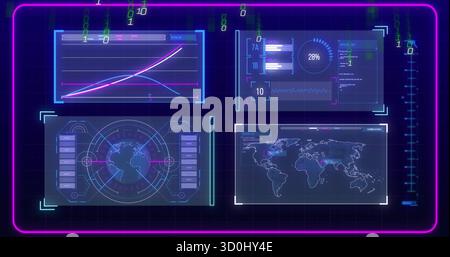 Displaying holographic interface floating in console, with line graph, binary digits and neon frame Stock Photo