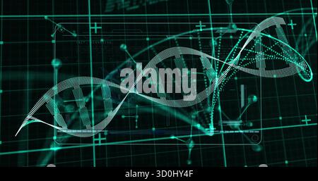 Displaying teal DNA helix floating over digital grid, node visuals, data panels and crosshairs Stock Photo