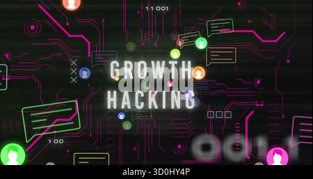 GROWTH HACKING text glowing on network, with neon circuits, avatars, chat bubbles, binary digits Stock Photo