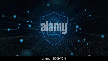 Glowing neon-blue shield showing padlock icon in digital network space, with radiating data streams Stock Photo