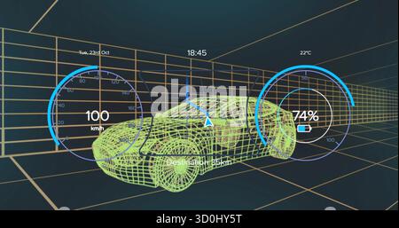 Displaying green wireframe car inside 3D tunnel, with speed gauge, battery gauge, nav arrow and HUD Stock Photo