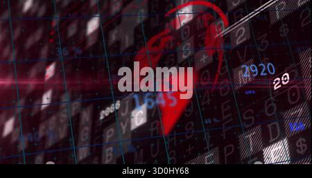 Floating red 3D globe hovering over digital interface with translucent grid lines and digits Stock Photo