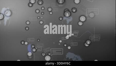 Displaying network graphic on dark gray canvas, with circular user avatar icons and chat bubbles Stock Photo