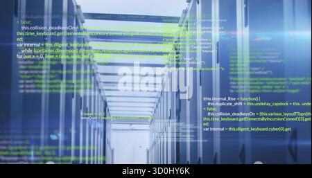 Displaying parallel server racks in data center aisle, with blinking LEDs and floating green code Stock Photo