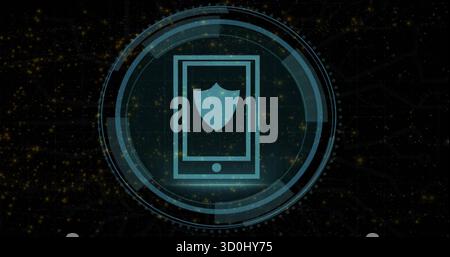 Displaying cyan shielded device icon rotating in concentric UI rings in network, with golden nodes Stock Photo