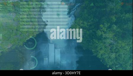 Displaying waterfall flow and plunge pool from aerial mountain forest, with digital UI overlay Stock Photo