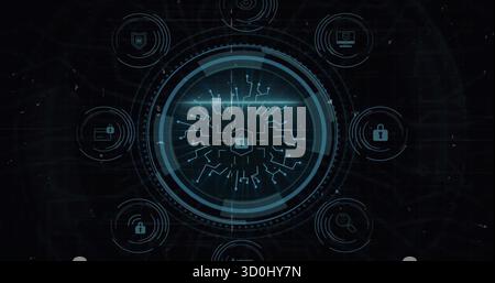 Displaying holographic security interface on virtual console, with central padlock and neon rings Stock Photo